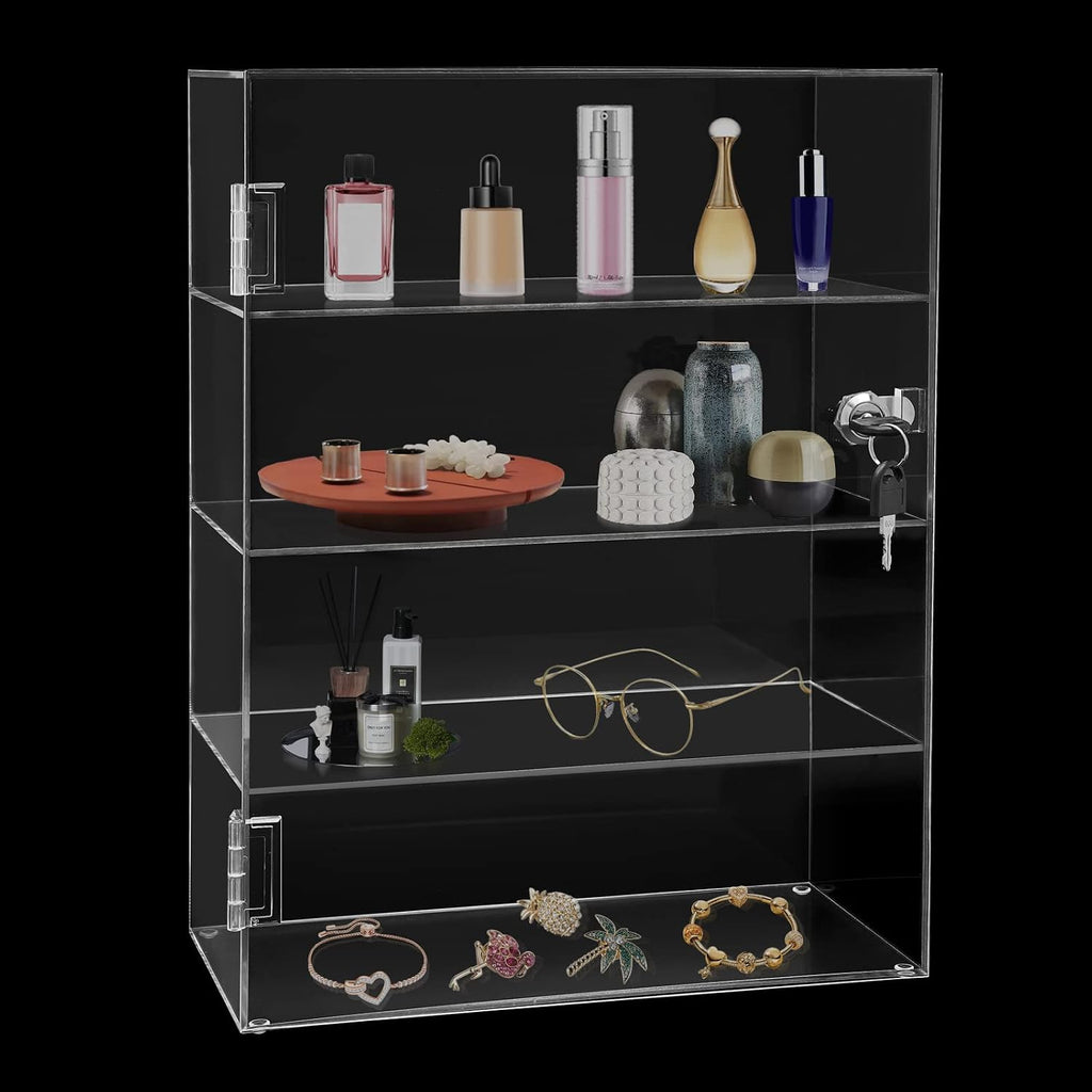 Acrylic Display Case with Lock Key, 4-Tier Locking Countertop Display Case with Shelves, Clear Lockable Showcase