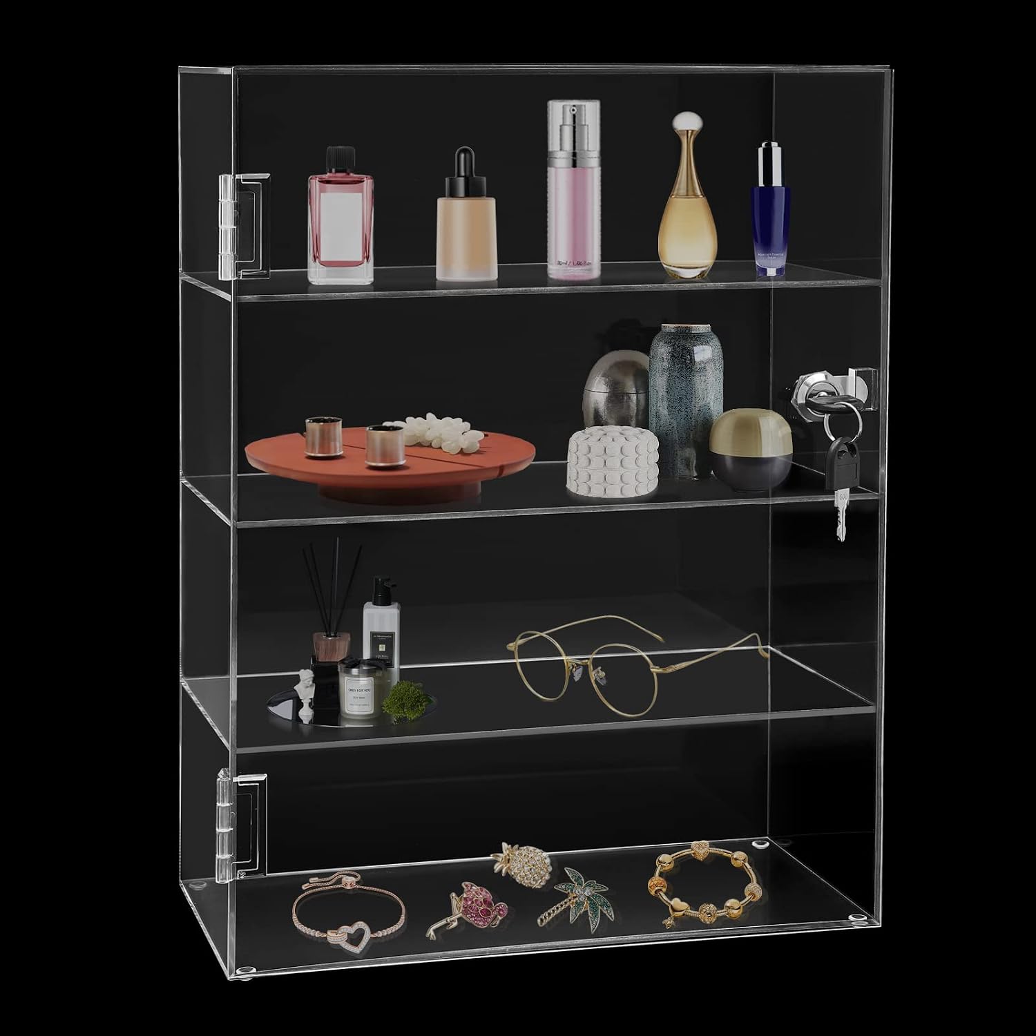 Acrylic Display Case with Lock Key, 4-Tier Locking Countertop Display Case with Shelves, Clear Lockable Showcase