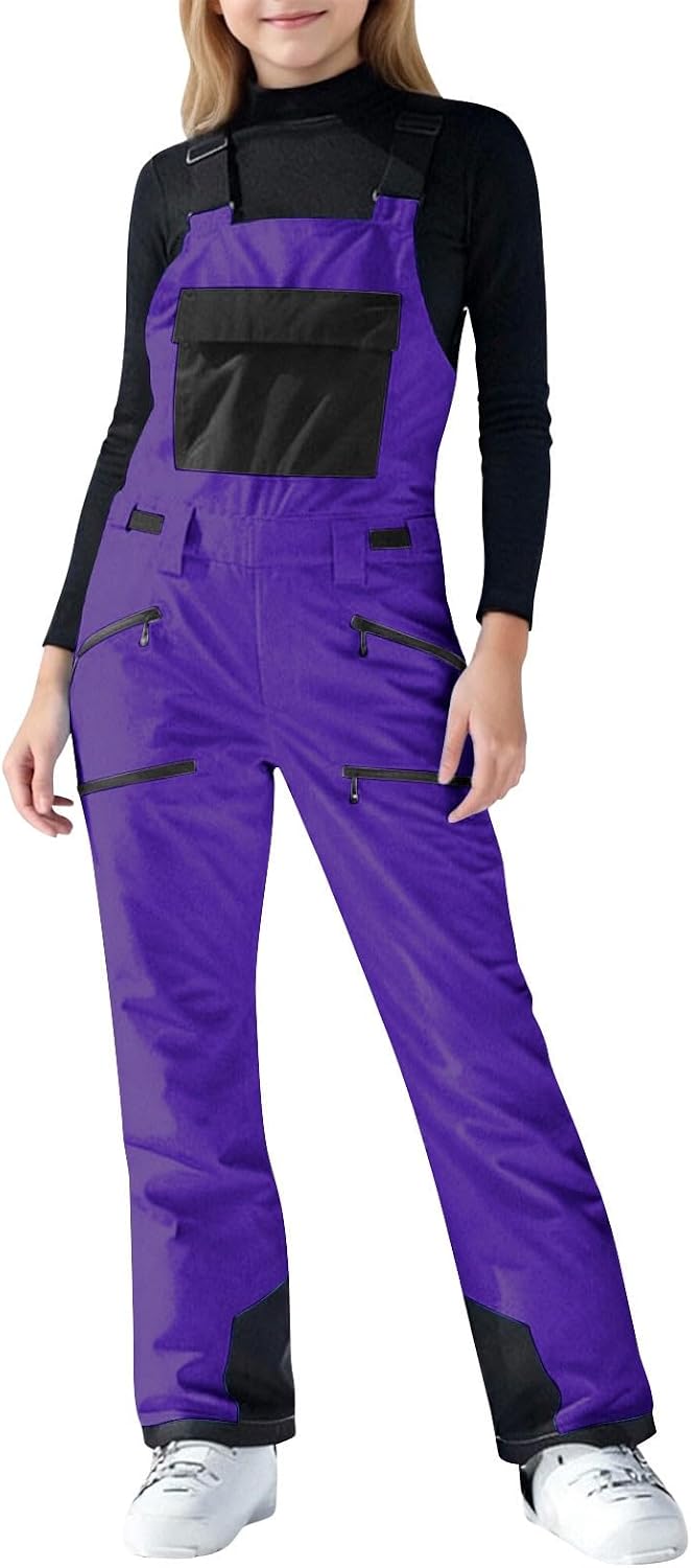 Kids Snow Bibs Boys Girls Waterproof Ski Pants Pockets Insulated Snowboard Overalls Adjustable Strap Winter Snowsuits
