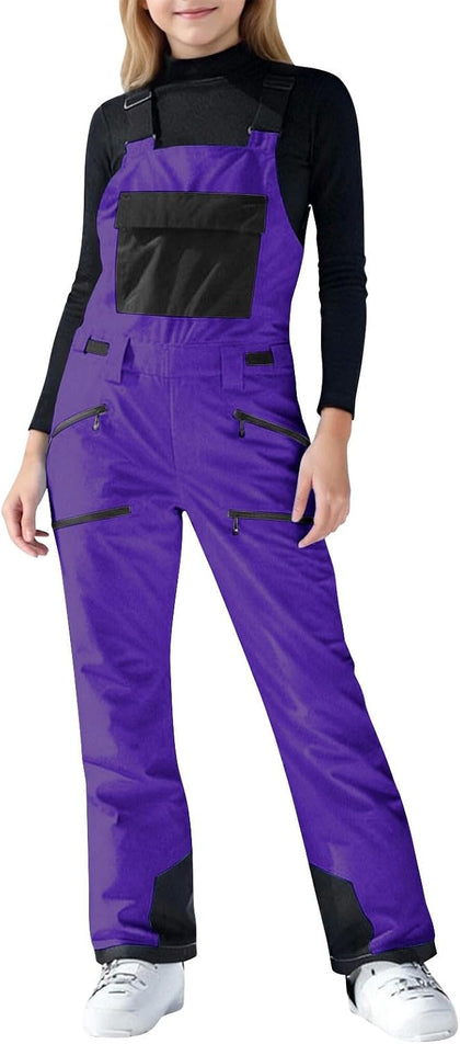 Kids Snow Bibs Boys Girls Waterproof Ski Pants Pockets Insulated Snowboard Overalls Adjustable Strap Winter Snowsuits