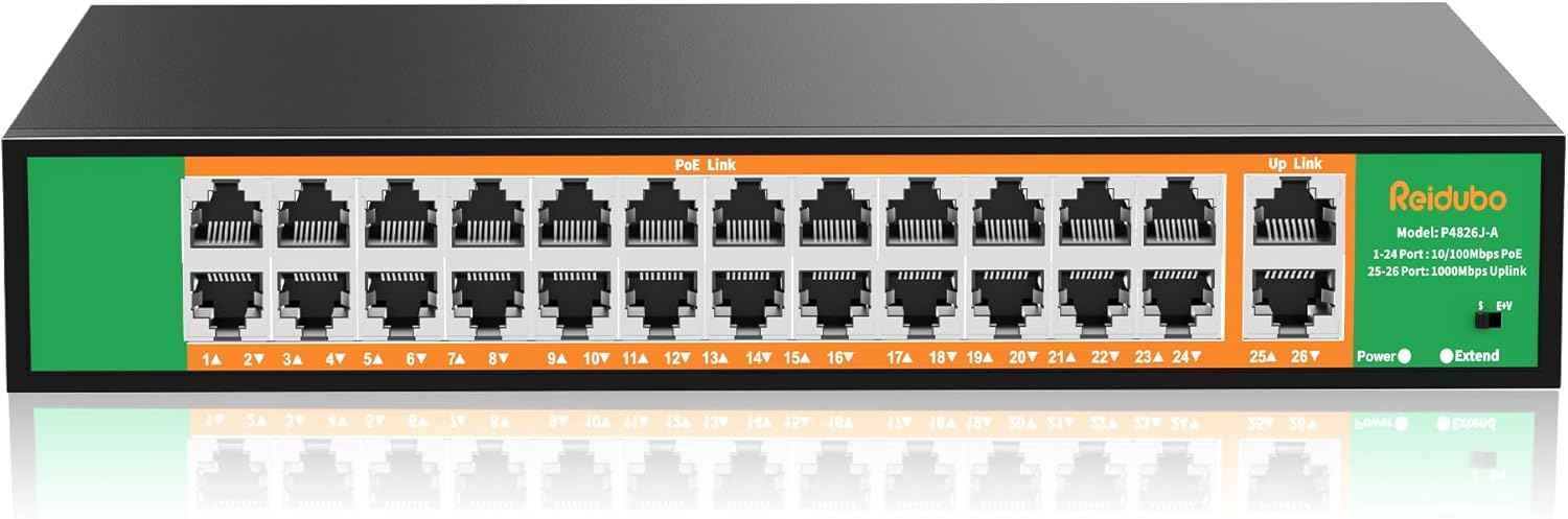 24 Port PoE Switch with 2 Gigabit Ethernet Uplink Port, Support IEEE802.3af/at, 400W High Power, Fanless, Plug and