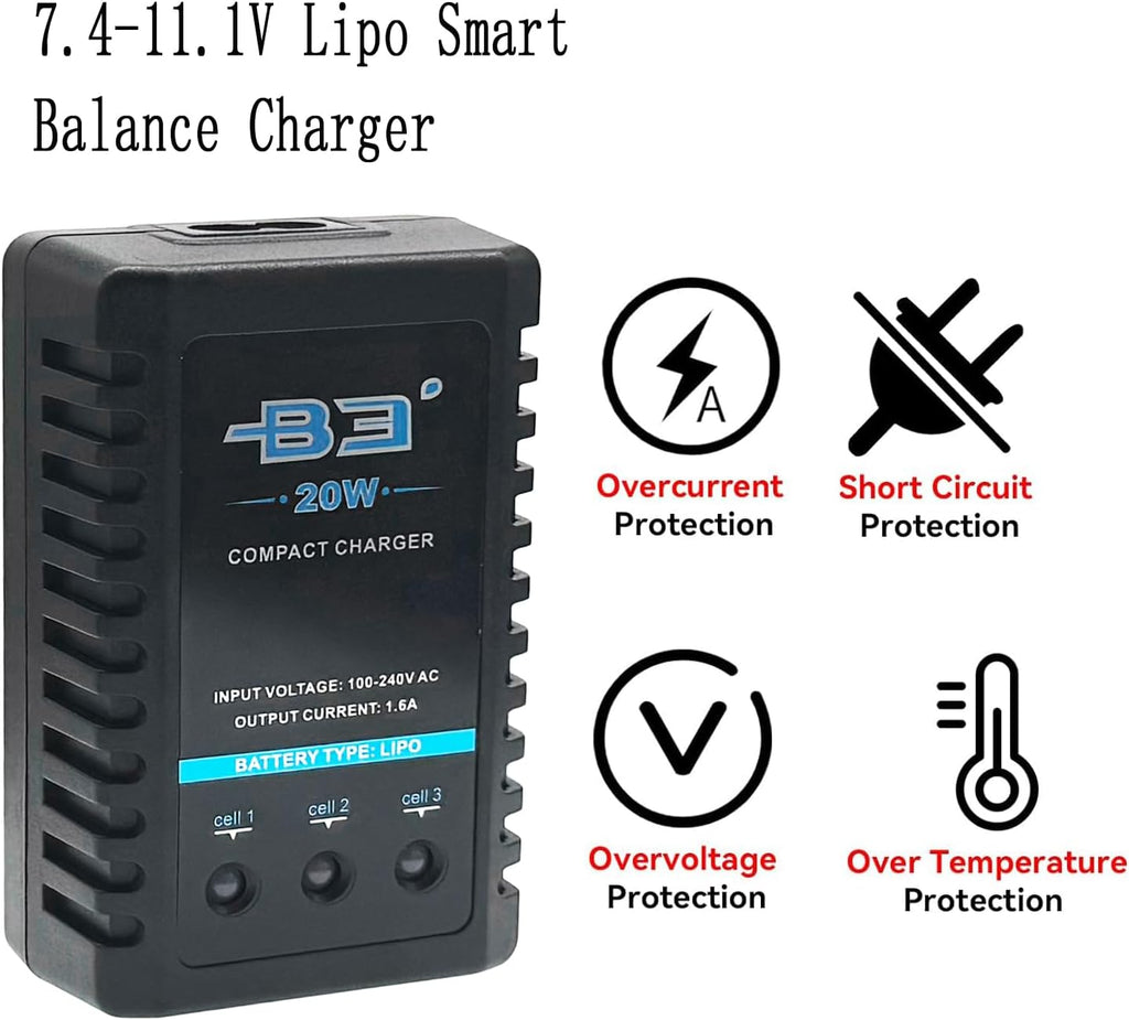 B3 Lipo Battery Charger 2S-3S RC Balance Charger with XH3P XH4P Plug for RC Car Batteries Drone Boat Airplane Truck