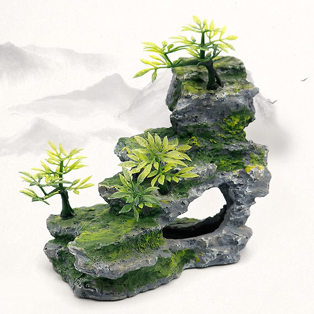 Aquarium Ornament, Mountain View Stone with Moss Tree Rock Cave Landscape Artificial Fish Tank Decoration