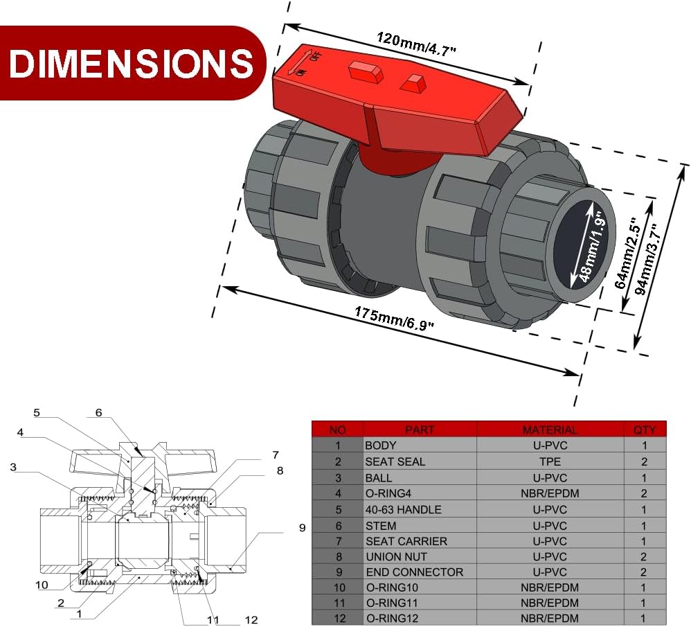 TTFLEX 1-1/2" PVC Ball Valve for Pool, True Union Ball Valve, Slip Socket