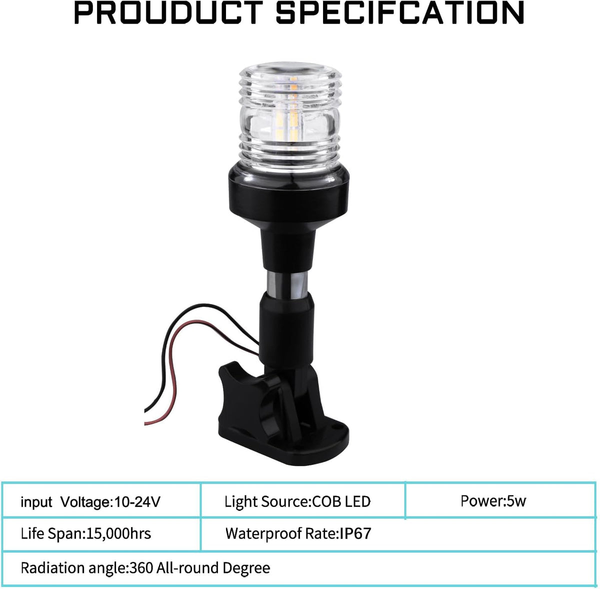 marinexplore Boat Stern Light 6''，White LED Anchor Light,Bimini Top Lights