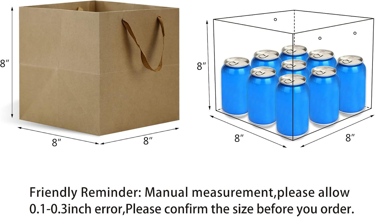 Medium Brown Gift Bags with Handles, 12 Pack, 8x8x8 IN