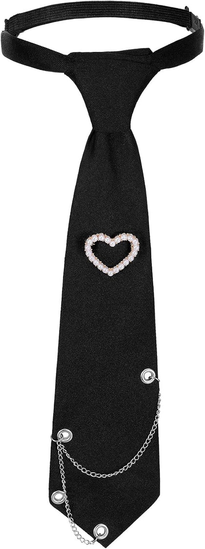 Black Tie for Women, Pre-Tied Ties | Metal Chain Necktie for Women, Adjustable Ties for Uniform, School, Shirt Accessory