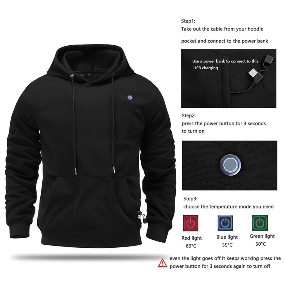 Men's Heated Hoodies Pullover USB Electric Hooded Sweatshirt Winter Warm