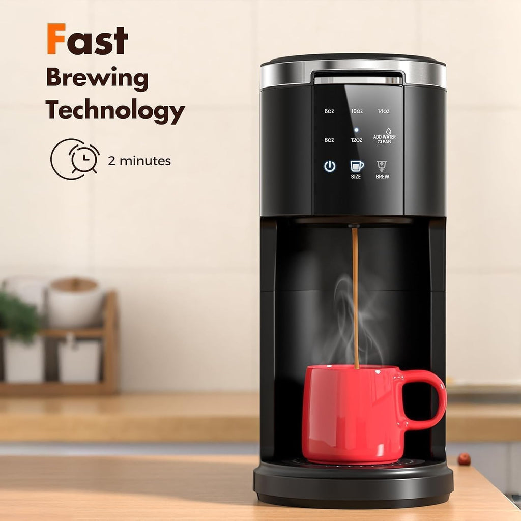 Single Serve Coffee Maker, 2-in-1 Pod & Ground Brewer, 90s Fast Brew, 5 Cup Sizes (6-14oz), 40oz Removable Tank, LCD