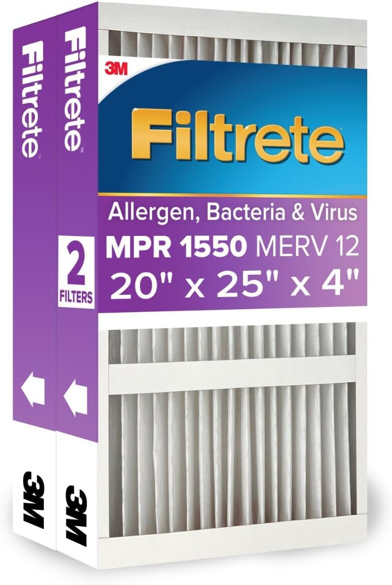 20x25x4 Slim Fit (3.75" width) AC Furnace Air Filter, MPR 1550, MERV 12, Fits AprilAire & Carrier, CERTIFIED Asthma &
