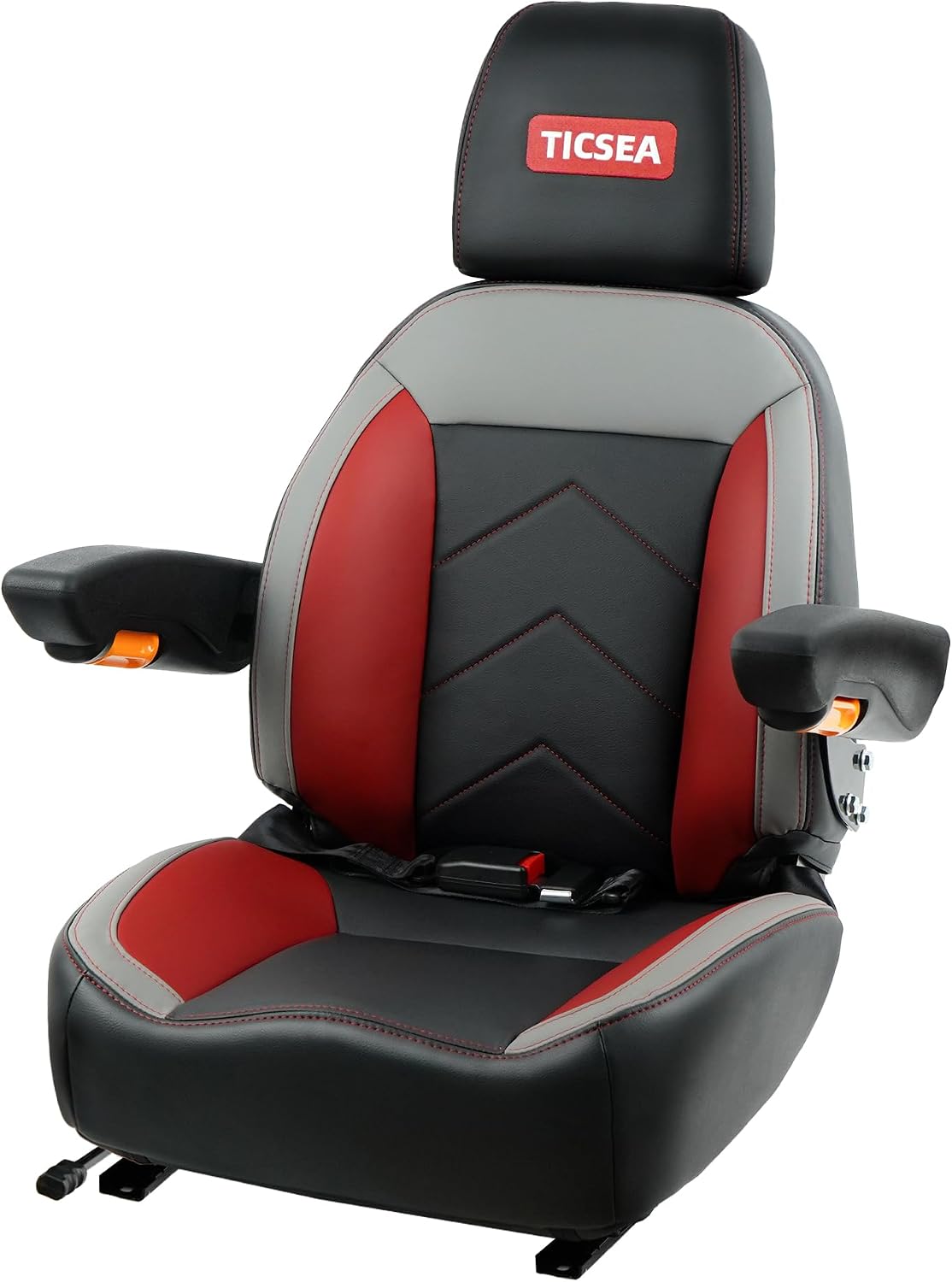 Universal Tractor Seat, Forklift Seat with Retractable Seatbelt and Adjustable Backrest Headrest Armrests Compatible