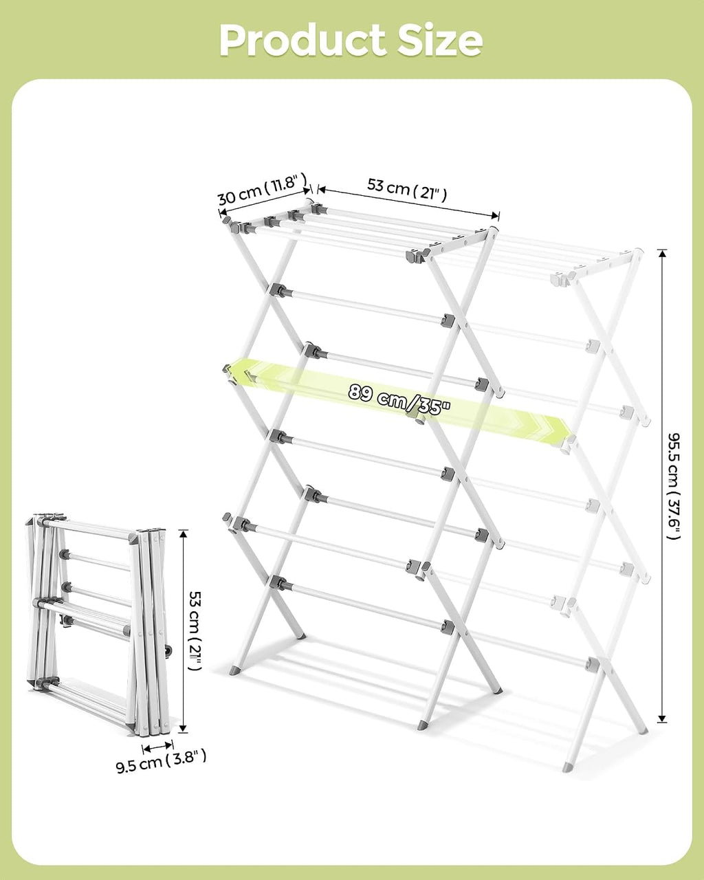 3-Tier Foldable Clothes Drying Rack, 37.6" H, White | Rust-resistant Metal, Tool-free Assembly, Extendable Drying