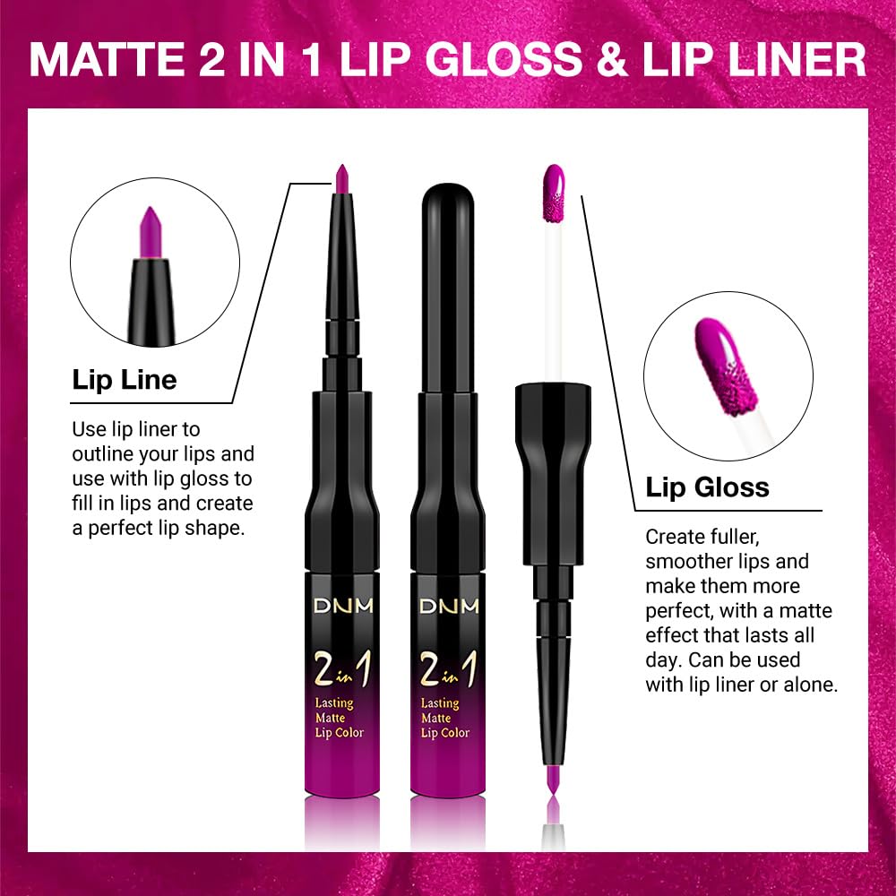 1Pcs Hot Pink Matte Lip Liner & Liquid Lipstick Stain Makeup Set for Women Gift, Pink Lip Liner Stain Long Lasting