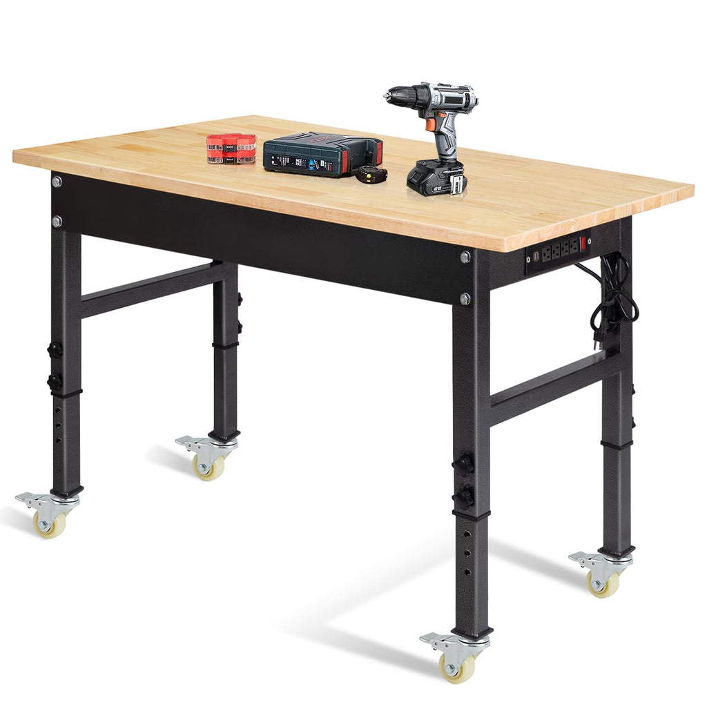 48" Adjustable Work Bench, Rubber Wood Top Workbench
