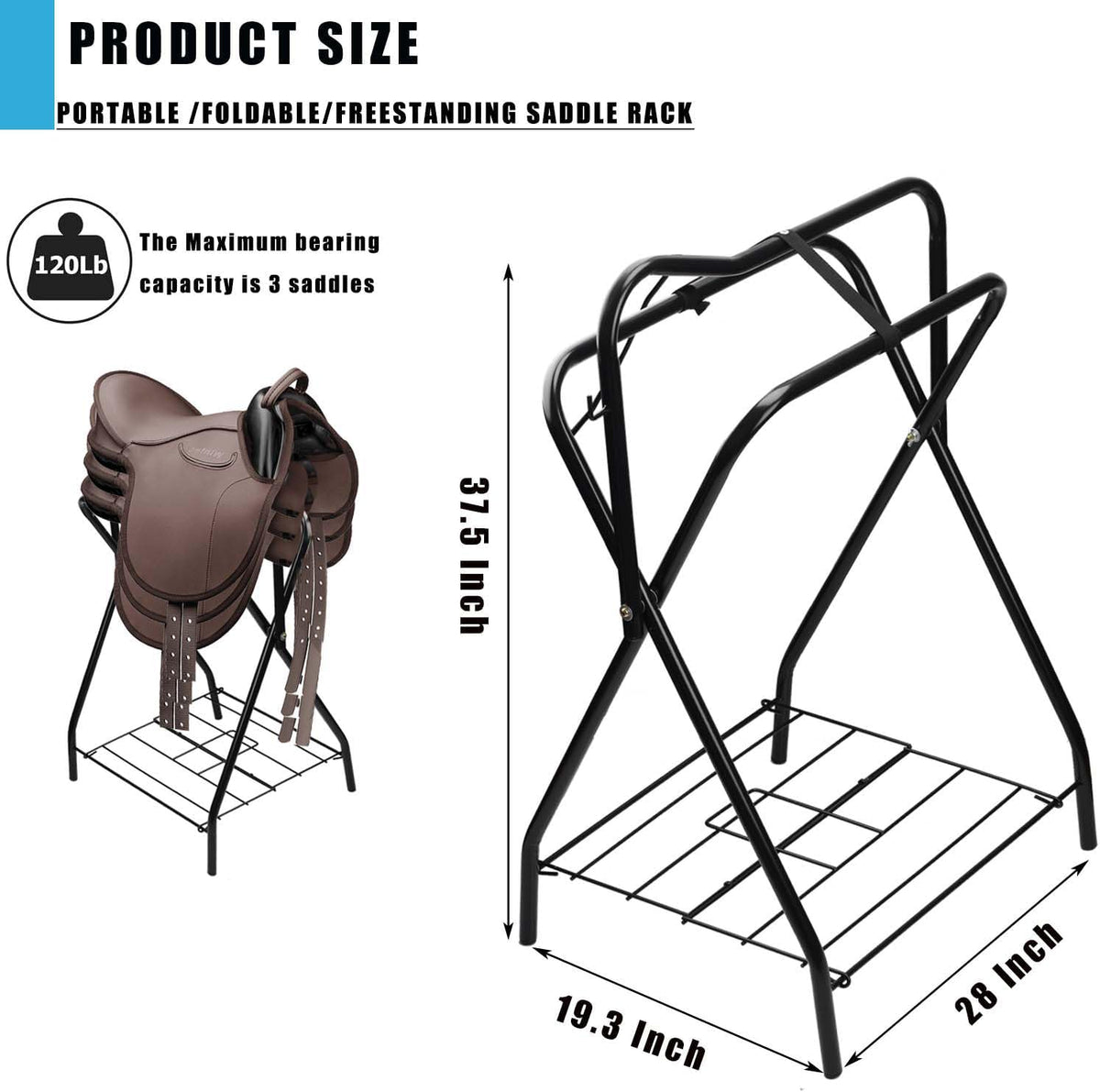Saddle Rack Portable Folding Horse Saddle Stand for English and Western Saddles,28" L x 19" W x 37.5" H,Black