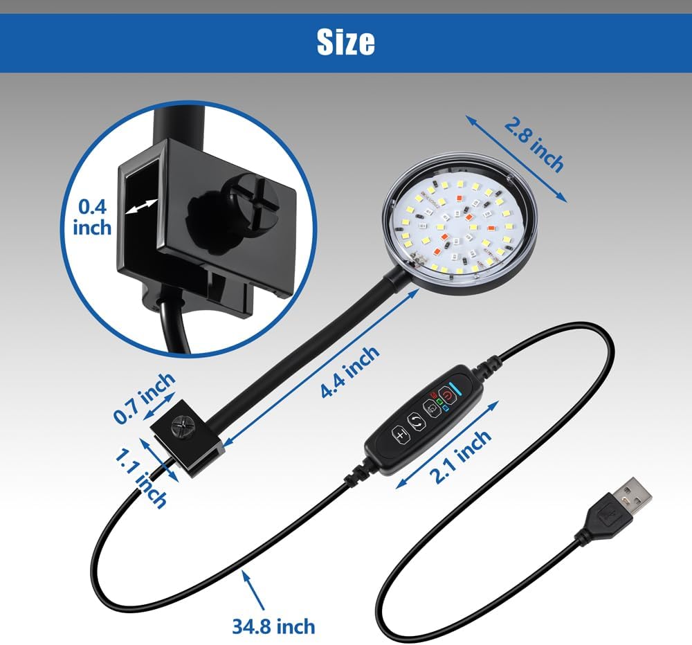 Clip On Aquarium Light 8W LED Fish Tank Light with Full Spectrum & Dimmable Brightness Timing USB Moving Aquarium
