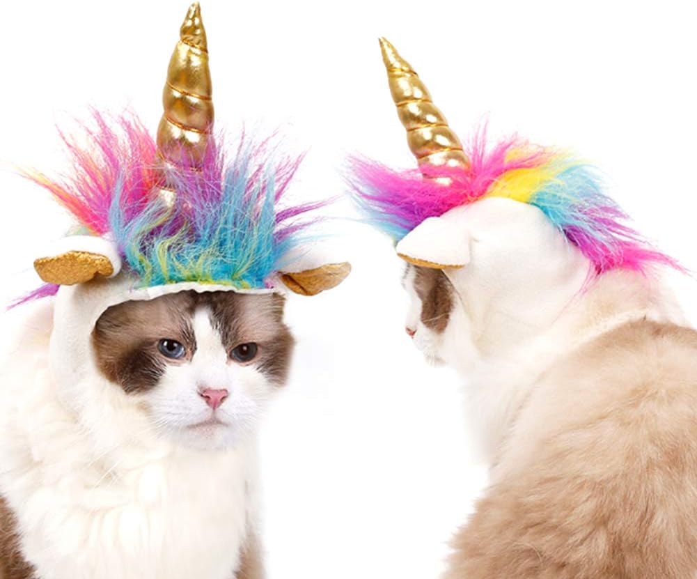 Cat Unicorn Hat with Ear Hole for Small Dogs Puppy, Cat Costume Accessory for Halloween, Cosplay Mane Cap (with Ear