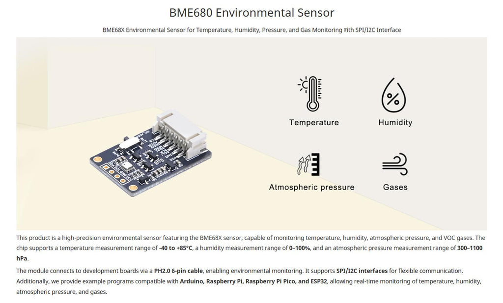 BME680 Environmental Sensor, Supports Temperature, Humidity, Pressure, Gas Detection, I2C & SPI, Ideal for Raspberry Pi, Pico, Arduino, and ESP32 Projects