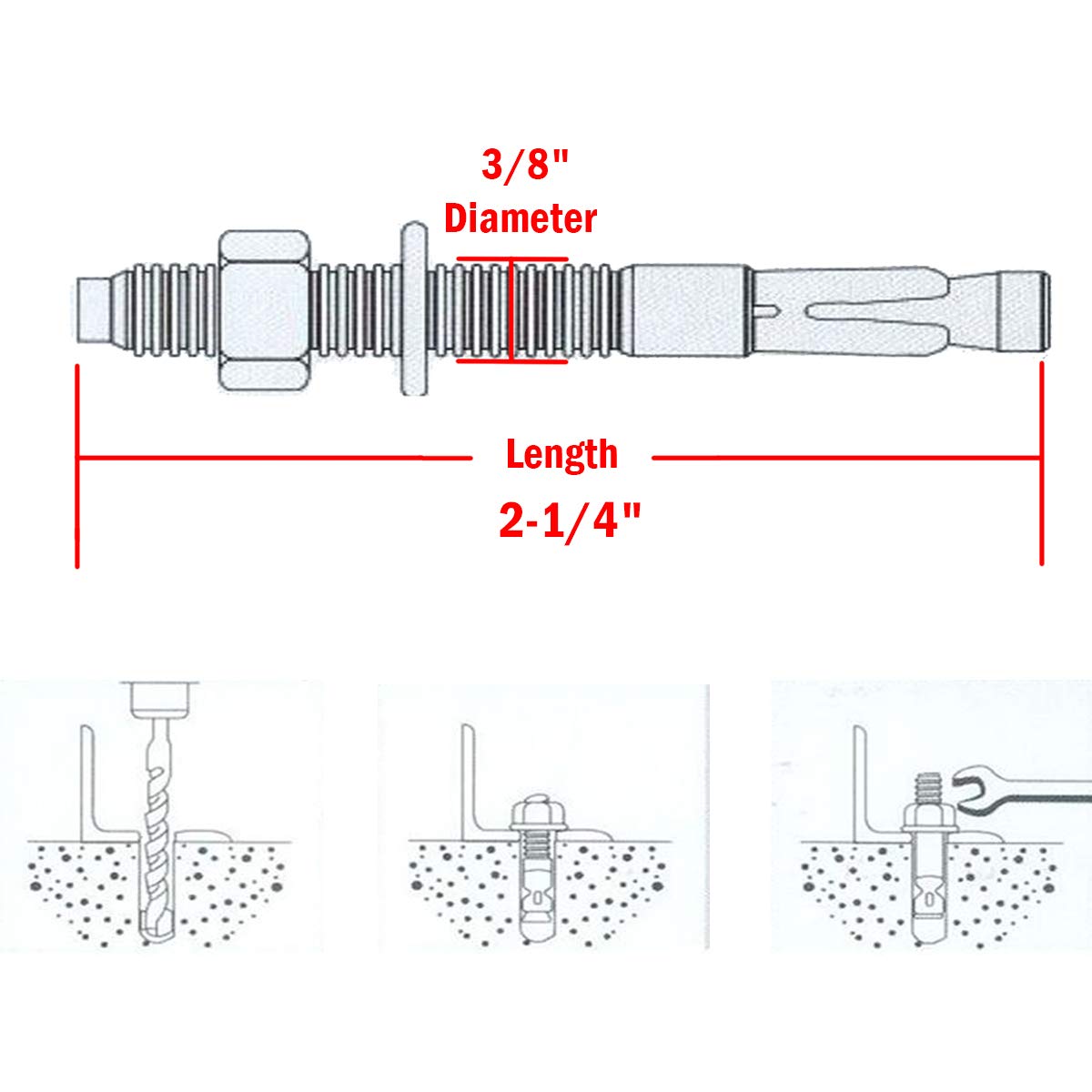 3/8" X 2-1/4" Concrete Anchor, 304 Stainless Wedge Anchor with Excellent Anti-Rust Performance, 304(18-8) Stainless