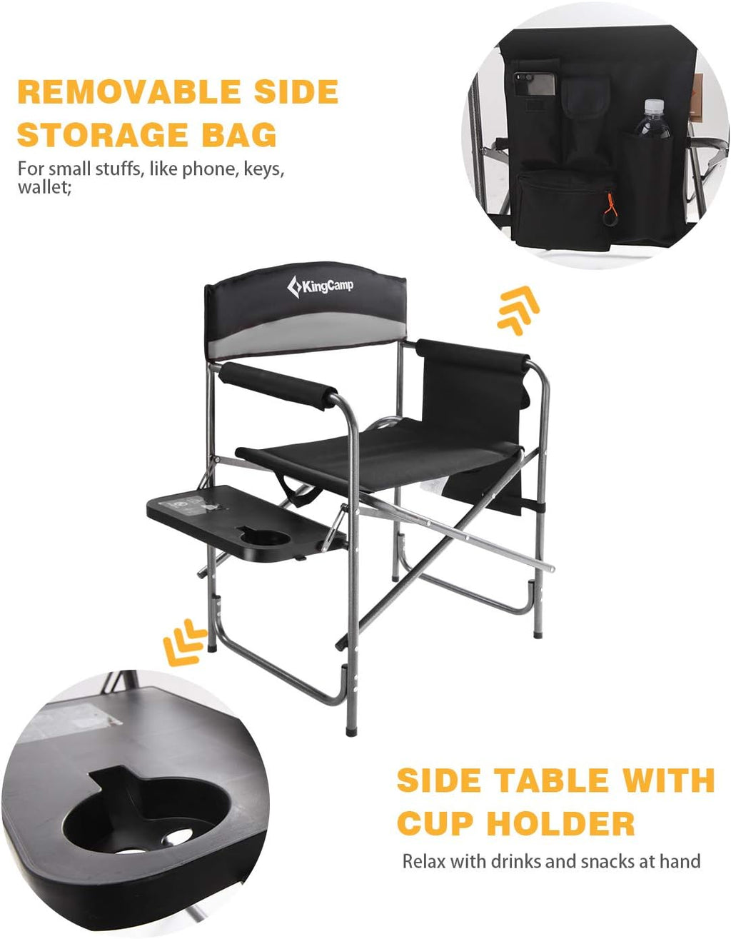 Folding Camping Chair, Heavy Duty Portable Directors Style with Side Table Carry Handle Storage Pockets for Outdoor