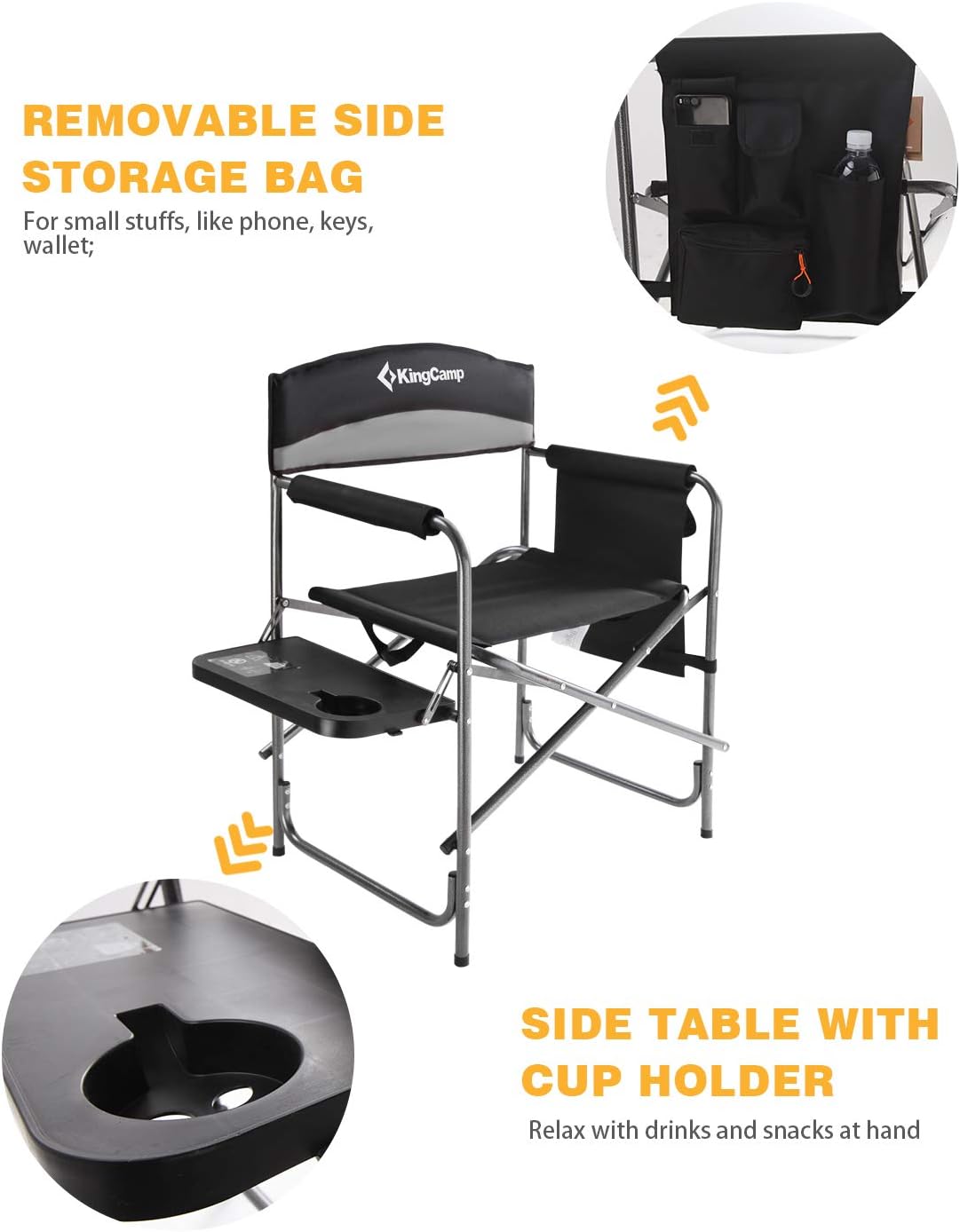 Folding Camping Chair, Heavy Duty Portable Directors Style with Side Table Carry Handle Storage Pockets for Outdoor
