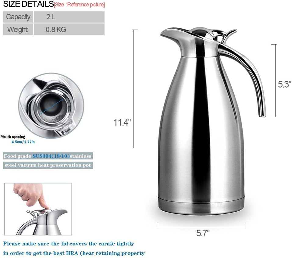 68 Oz Stainless Steel Thermal Carafe - Double Walled Vacuum Insualted Thermos/Carafe with Lid - Coffee/Tea Carafe