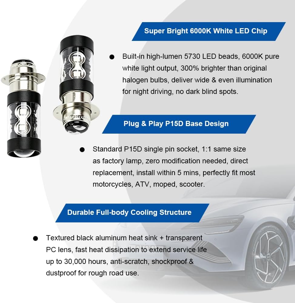DSkoiph 2x H6m 100W LED Super White HeadLight Bulbs Fit For Honda TRX 250 300 400 450 700