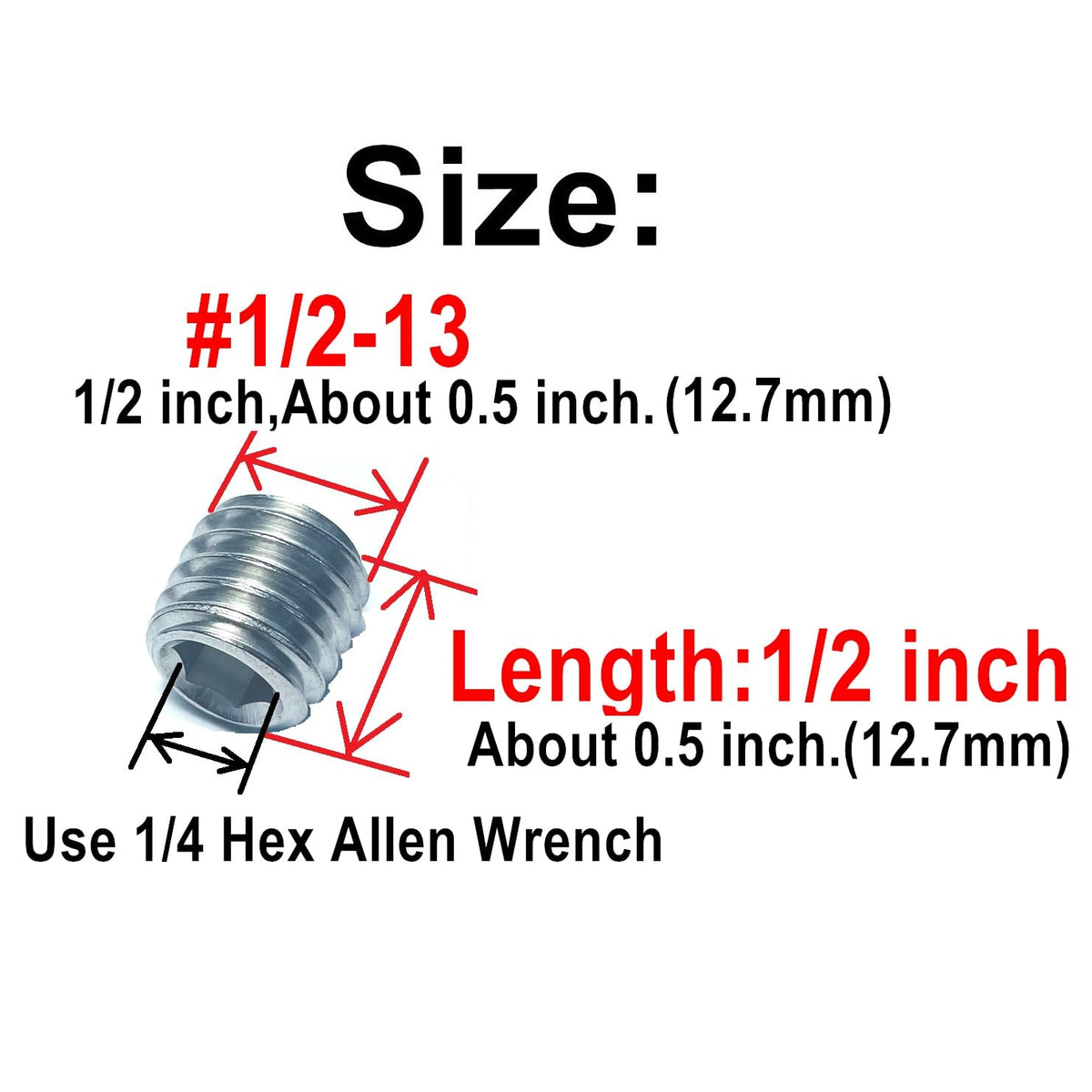 10PCS Set Screws 1/2-13 x 1/2, 304 Stainless Steel, Hex Socket, Silver