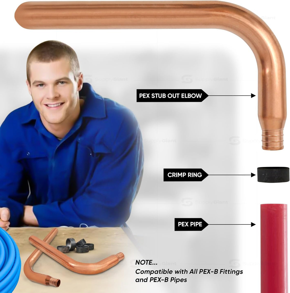 Supply Giant QTP-34M8 PEX Copper Stub Out Elbow, 3/4", Brass