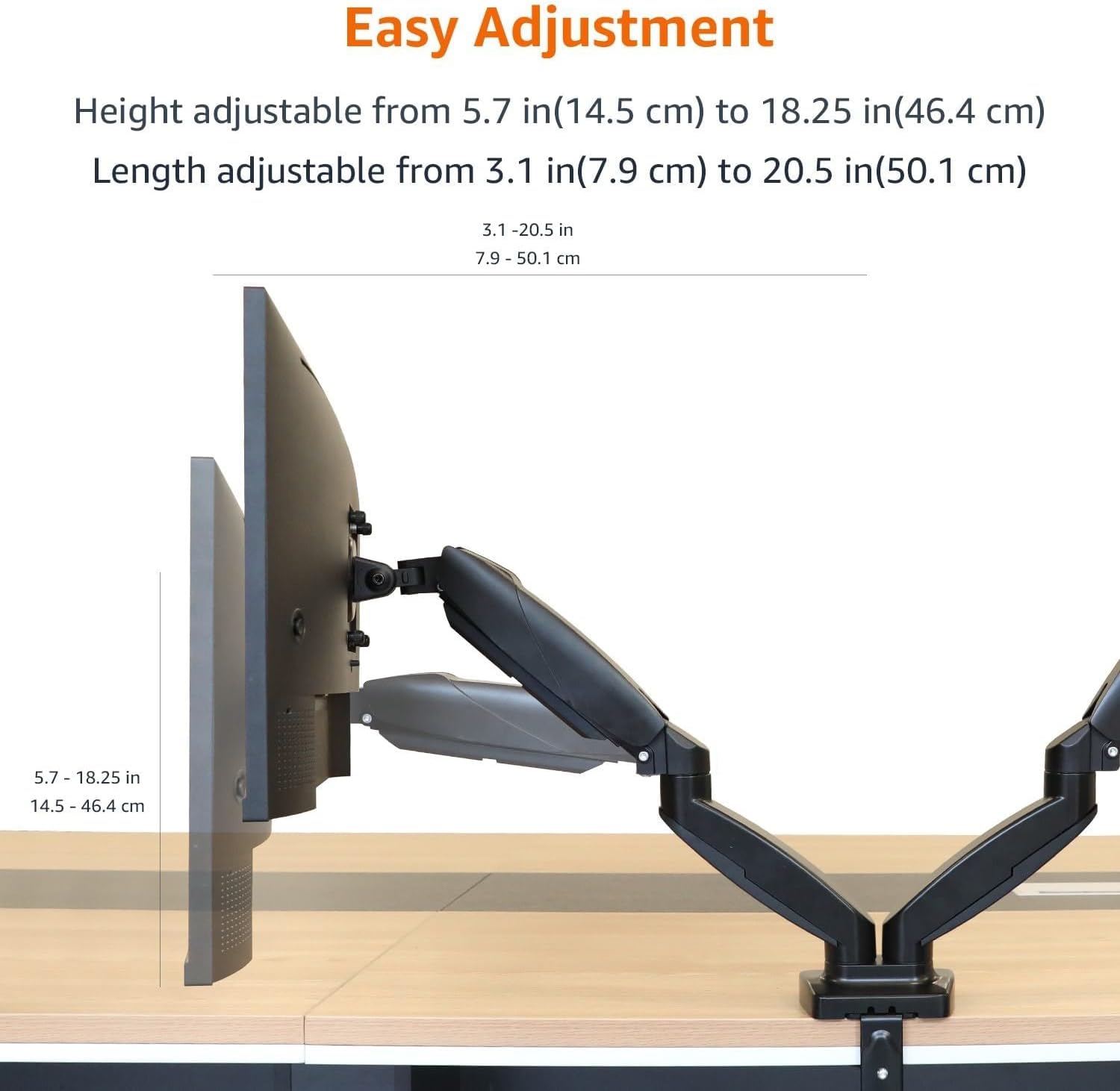 Gas Spring Dual Monitor Arm Desk Mount, Adjustable Tension, Fits 15–27 Inch Monitors, Supports 4.4–15.4 lbs Each Arm