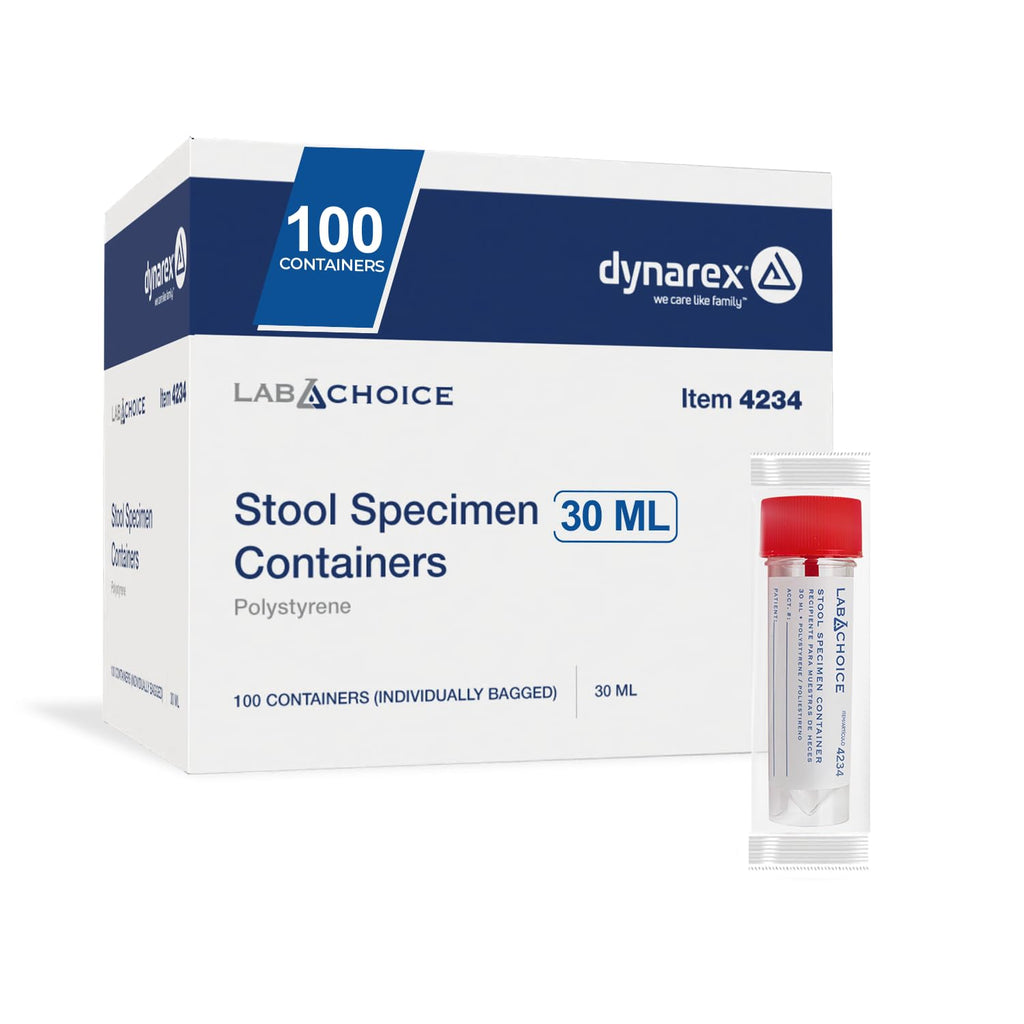 Stool Specimen Containers, Sterile, Individually Wrapped, Specimen Cups with Spoon Cap Lids, Clear with Red Lid, 1