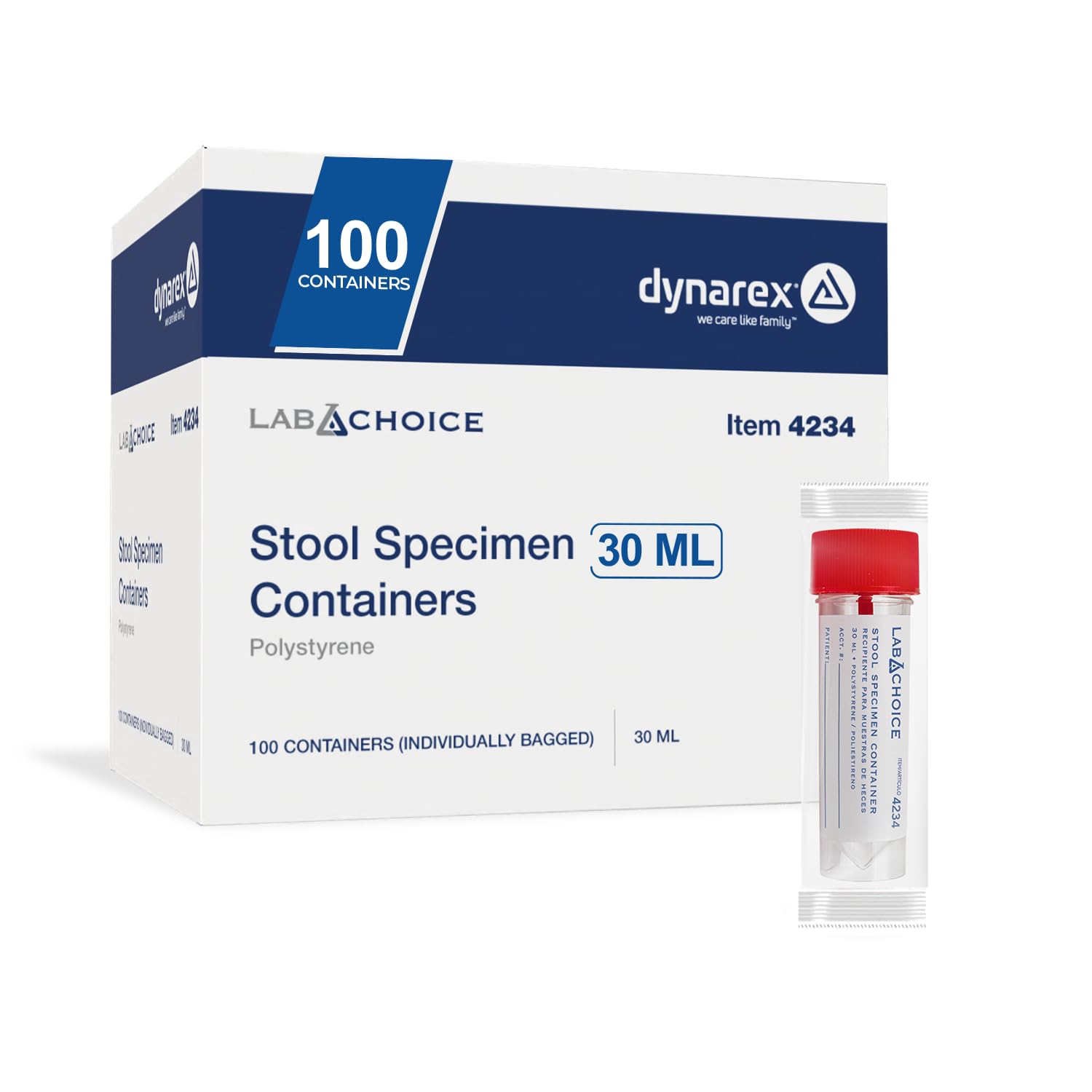 Stool Specimen Containers, Sterile, Individually Wrapped, Specimen Cups with Spoon Cap Lids, Clear with Red Lid, 1