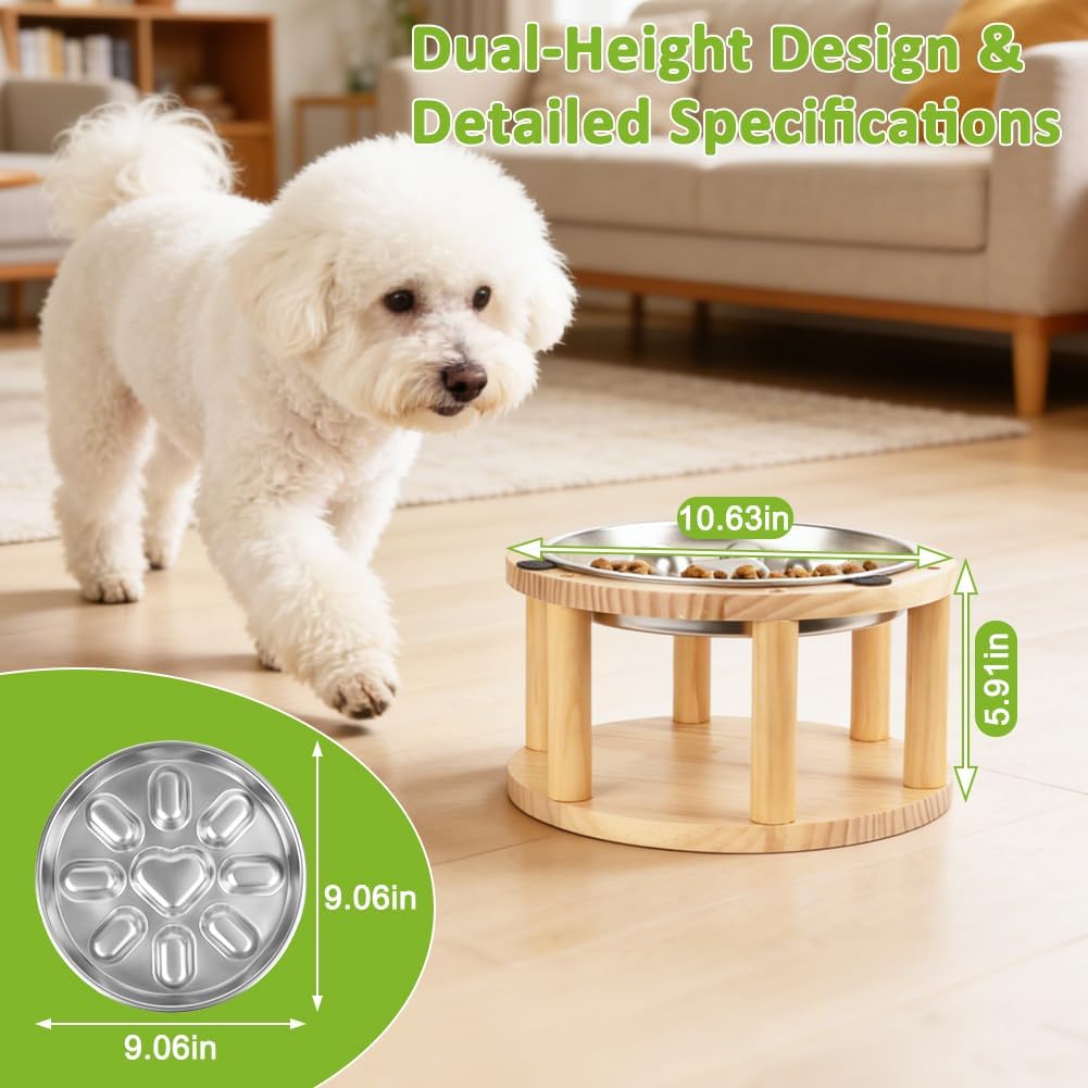 Elevated Dog Bowl, Pine Wood Stand with Stainless Steel Slow Feeder, 5.9" Raised Dog Bowl for Small & Medium Dogs