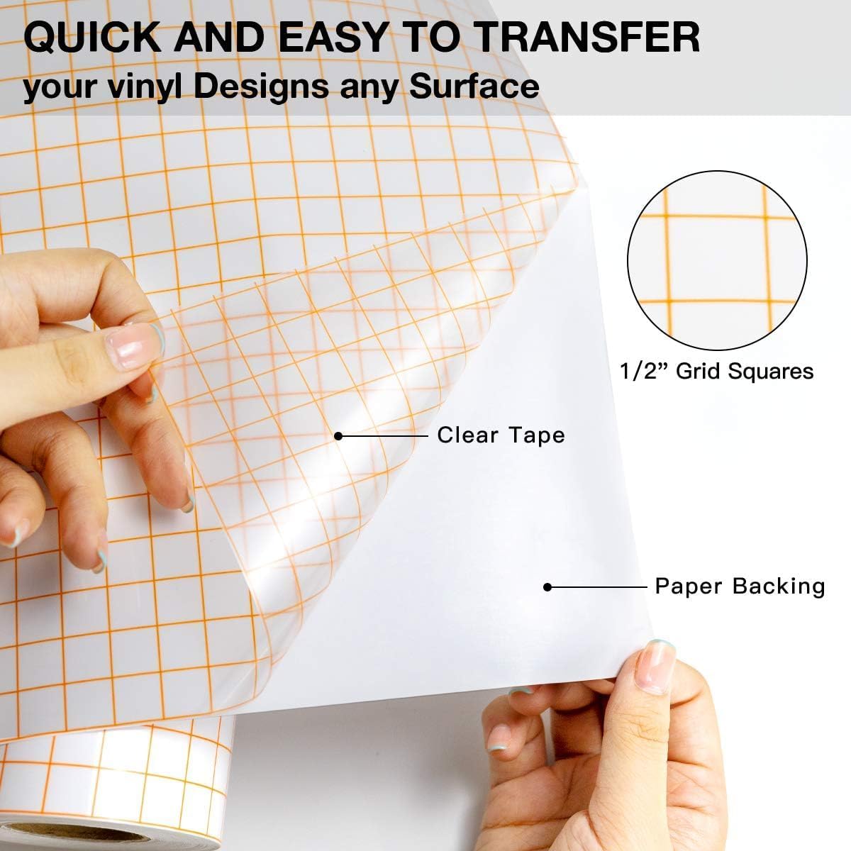 Transfer Tape for Vinyl, 12" x 70 FT, Orange Alignment Grid, Medium Tack