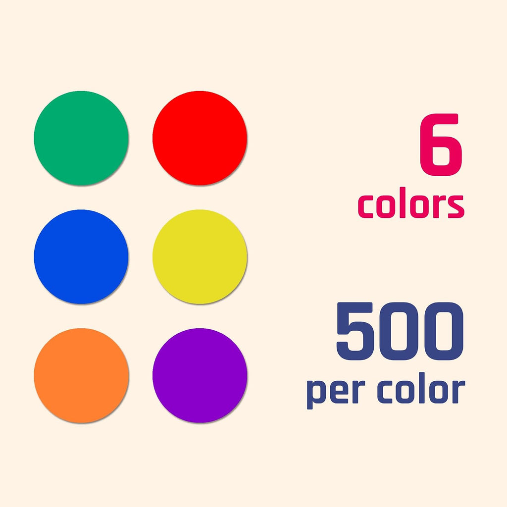 3000 Pieces, 1/2" - Colored Dot Stickers, Round Labels - 6 Colors