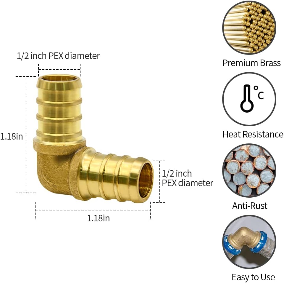 50 Pack 1/2" PEX Fittings, Brass Elbow Fittings