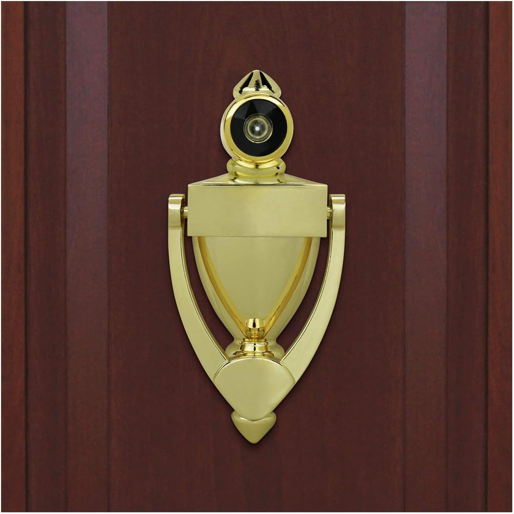 "Nuk3y Door Knocker & Viewer, 9/16 in. Bore, 220-Degree View Angle (5-1/2"" Height, Polished Brass)"