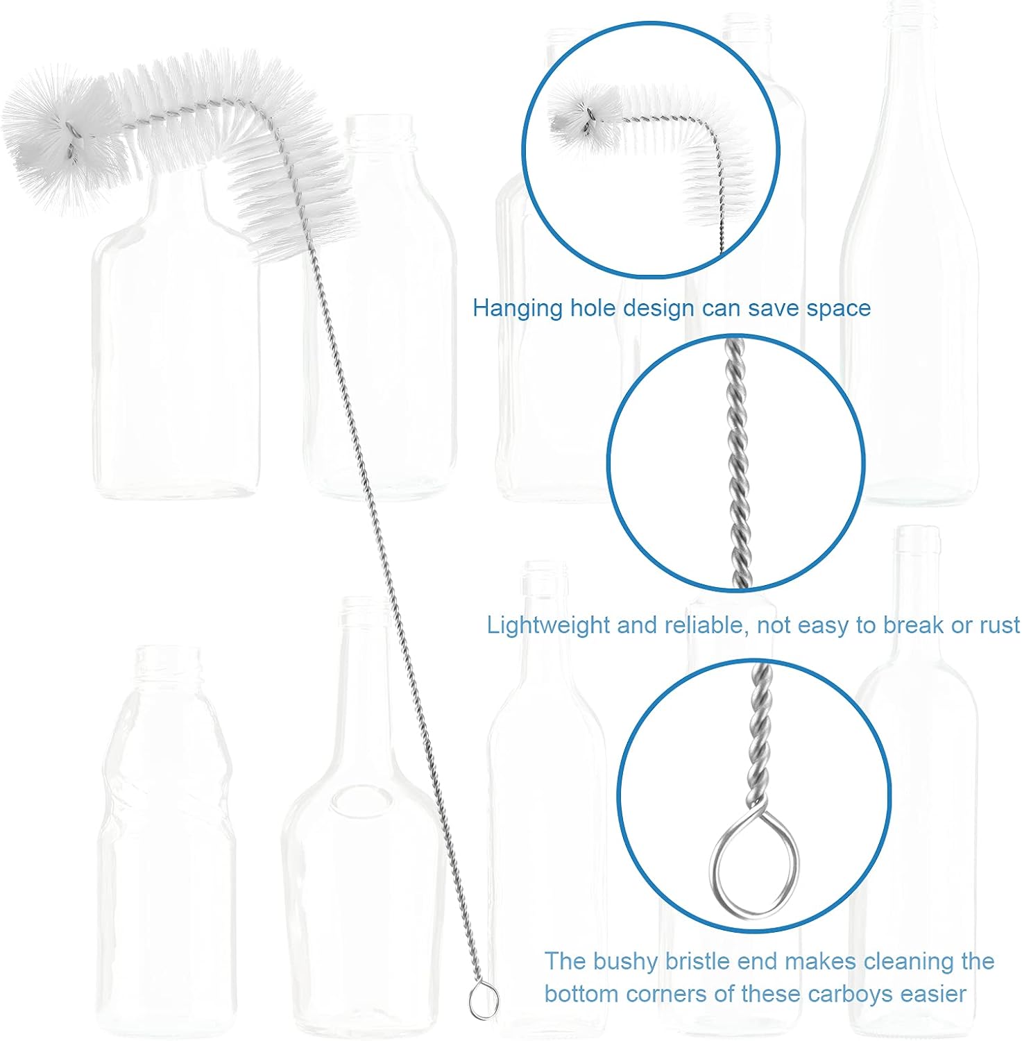 2-Pack 30 Inch Carboy Brush, Nylon & Steel, L-Shape, Clear, 76cm, Wine Making & Beer Brewing, Glass Carboy Cleaning