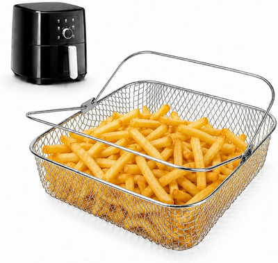 Square Air Fryer Basket with Handle, 8.5 inch Wide Air Fryer Accessories, 304 Stainless Steel Mesh, Airfryer