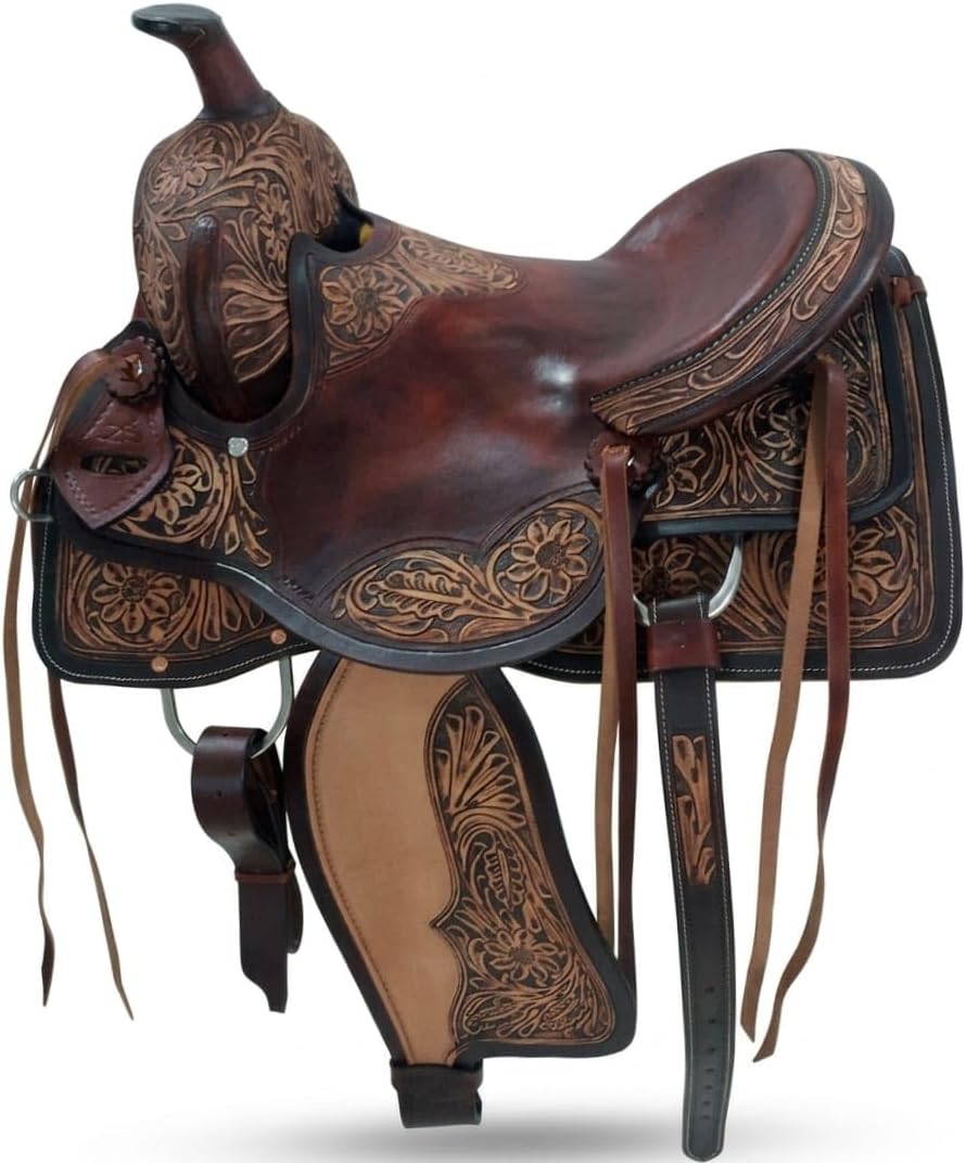 Hand Tooled Western Horse Saddle with Tack Set Genuine Leather Trail Ranch Barrel Racing Saddle Floral Carved 15-18 Inch
