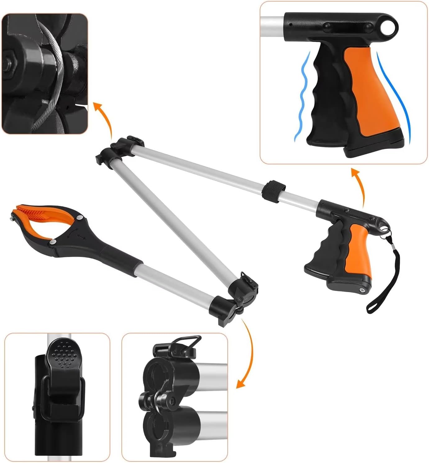 43" Extra Long Grabber Tool, Foldable Grabbers for Elderly Grab It Reaching Tool with Rotating Jaw +Magnets, 4" Wide