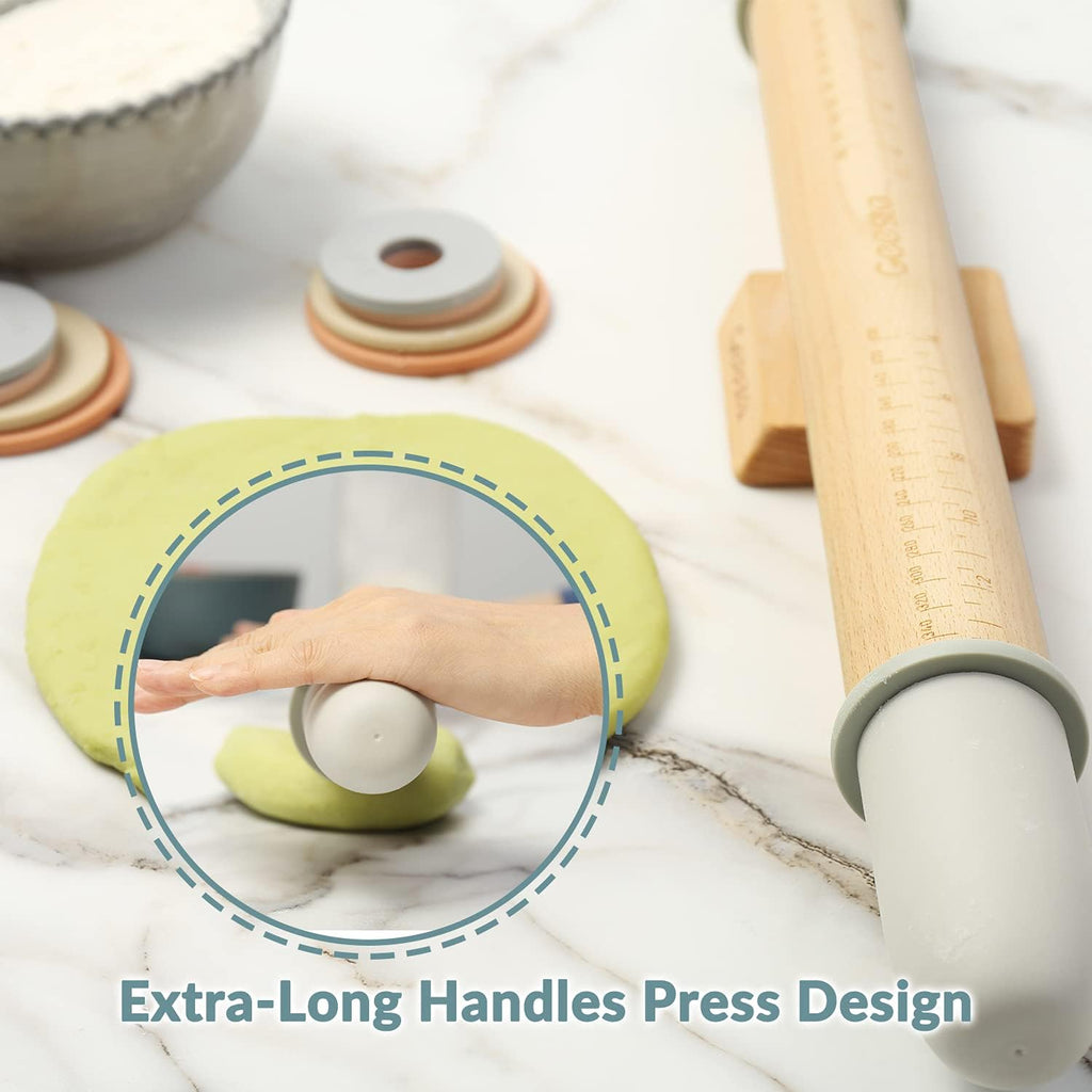 Adjustable Wood Rolling Pin with 5 Thickness Rings, Precise Dough Roller Handle Press Design with Measurement Guide