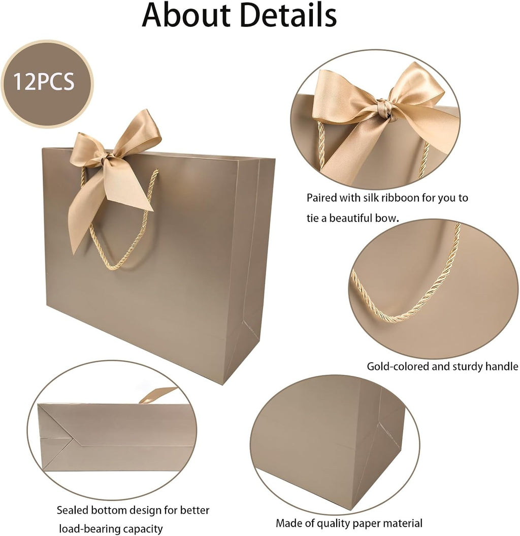 12 Pack Medium Champagne Gift Bags with Handles & Bow