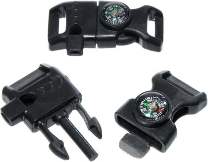 Black 5/8 Inch Compass Buckle with Flint Scraper, Fire Starter, and Whistle - Plastic Paracord Bracelet Buckle for