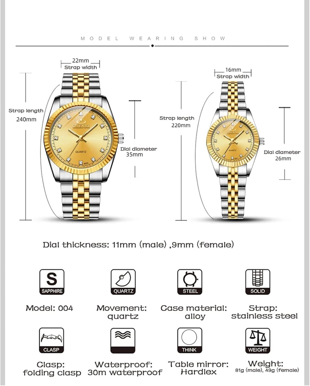 Swiss Brand Two Tone Watch Men Women Gold Silver Stainless Steel Waterproof Couple Watches