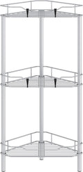 Metal Floor Standing Corner Shower Caddy, Silver, 3 Tier | Adhesive Bathroom Organizer Shelves, Free Standing Shower