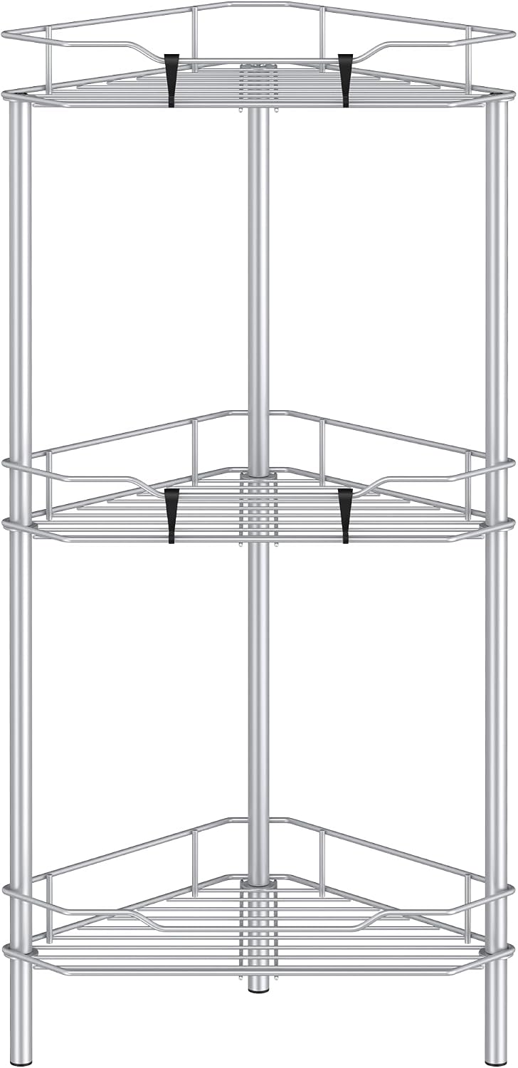 Metal Floor Standing Corner Shower Caddy, Silver, 3 Tier | Adhesive Bathroom Organizer Shelves, Free Standing Shower