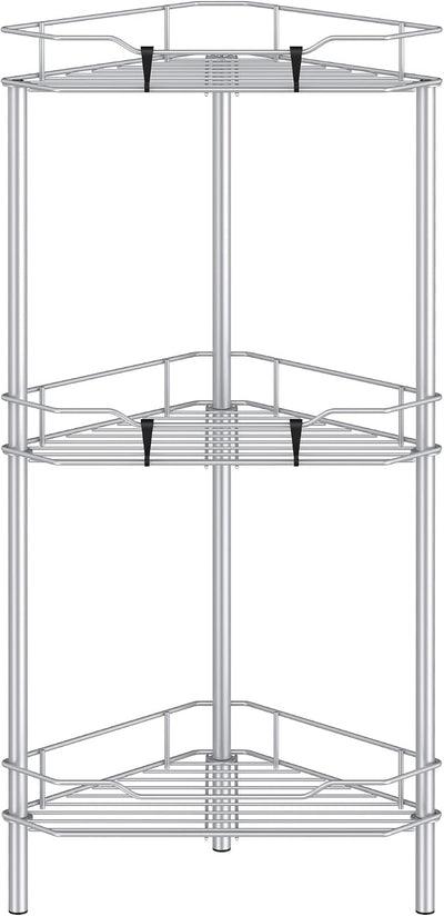 Metal Floor Standing Corner Shower Caddy, Silver, 3 Tier | Adhesive Bathroom Organizer Shelves, Free Standing Shower