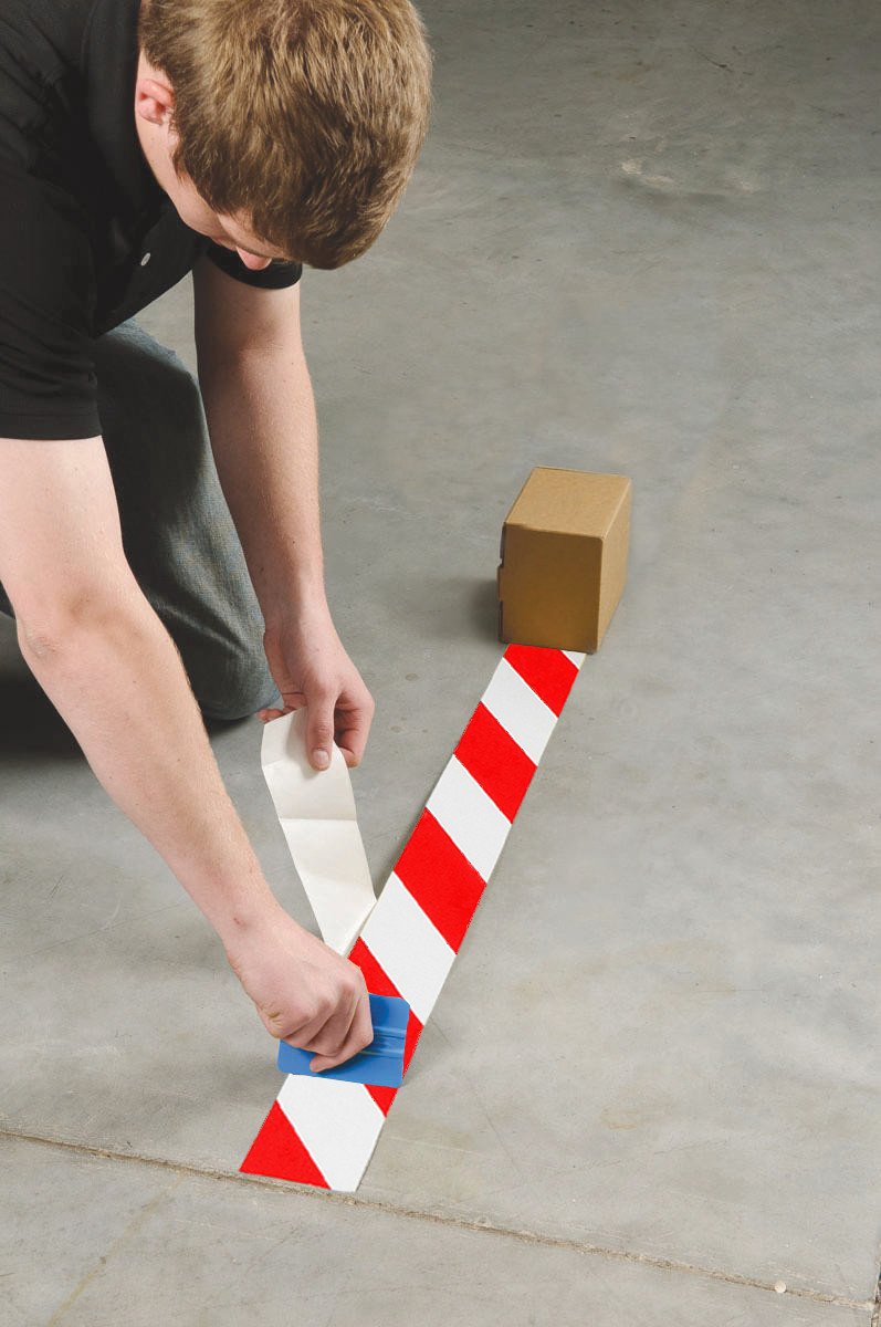 104378 ToughStripe Nonabrasive Diagonal Stripes Floor Marking Tape, 100' Length, 4" Width, Red and White (Pack of 1