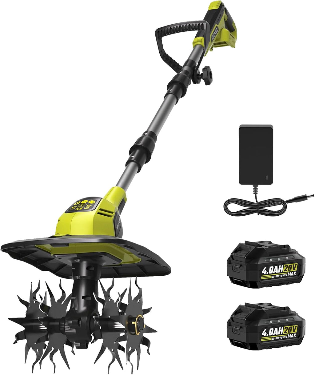 Cordless Tiller for Gardening, 20V 2 X 4.0Ah Battery Powered Cultivator, 9-in Tilling Width and 7-in Depth Electric